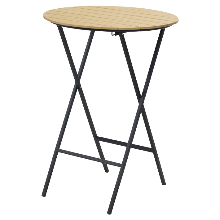 Alt Mesa Alta Mallorca Redonda Negra fabricada con tablero redondo de madera en color natural y estructura de acero en color blanco EME Mobiliario 