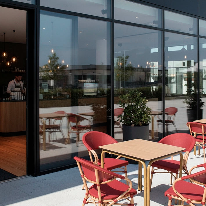 Alt Mesa Nantes + 4 Sillones Nantes Burdeos Para Cafeterías, Terrazas y Restaurantes EME Mobiliario