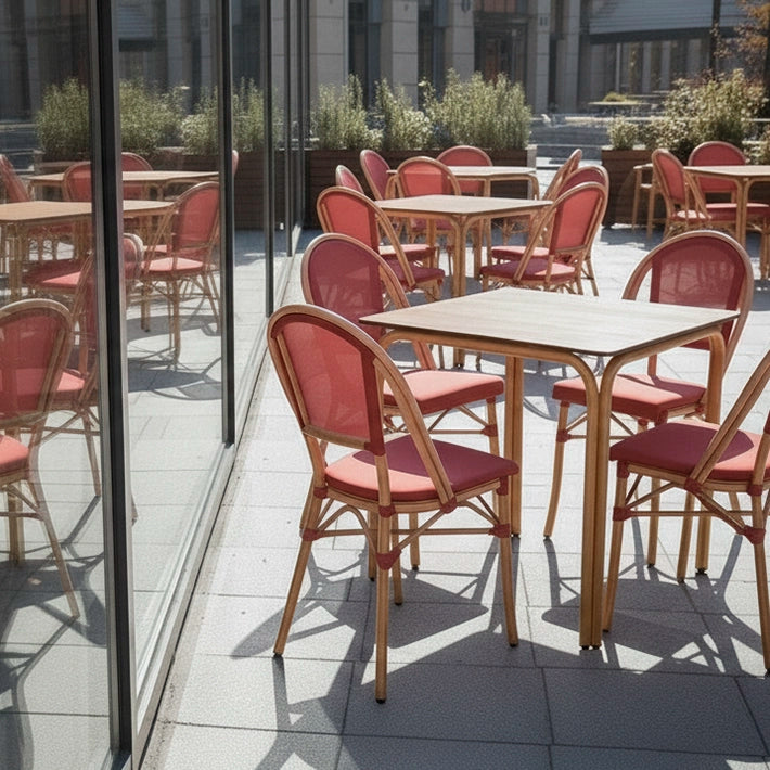 Alt Mesa Nantes + 4 Sillones Nantes Burdeos Para Cafeterías, Terrazas y Restaurantes EME Mobiliario