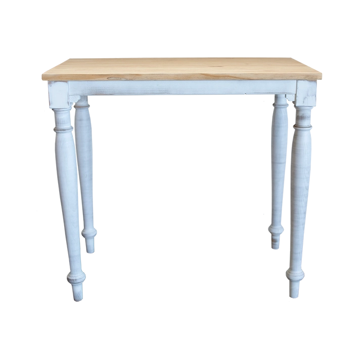 Alt Mesa de Madera alta de estilo rustico con tapa de madera y patas en color blanco envejecido EME Mobiliario
