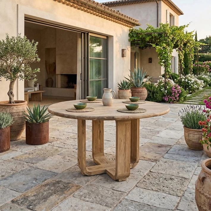 Mesa Comedor Atlas Teka Madera Reciclada fabricada con madera maciza a mano, con un diseño único y original en sus patas en cruz