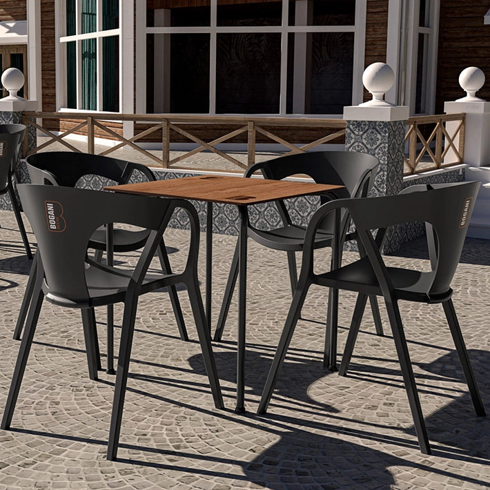 Alt Mesa para Restaurante Cuadrada Negra fabricada en acero color negro y compacto fenólico imitación madera