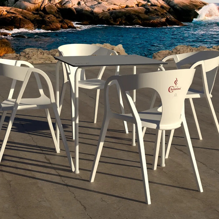 Alt Mesa para Restaurante Cuadrada Metal Blanca fabricada con estructura en acero color blanca y tapa de compacto fenólico imitación madera EME Mobiliario 