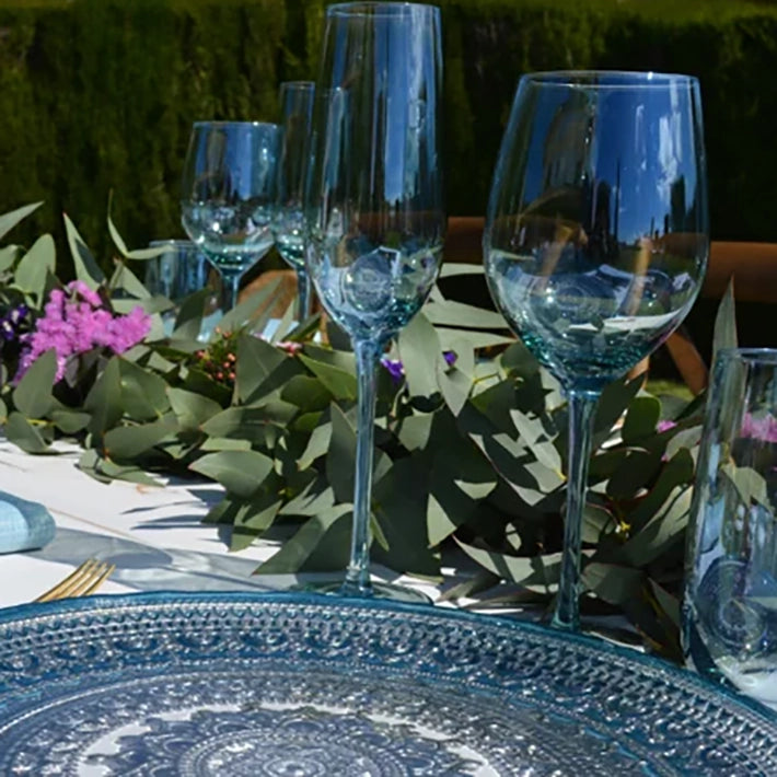 Alt Set de Cristalería Color Azul, compuesto por copa de vino, champán y vaso de agua EME Mobiliario
