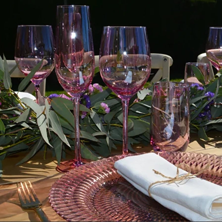 Alt Set de Cristalería Color Rosa, compuesto por copa de vino, champán y vaso de agua EME Mobiliario