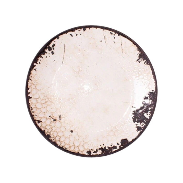 Alt Vajilla Vega fabricada con porcelana con un diseño original y un acabado vintage con fondo en color crema y borde en tono tierra perfecta para el uso intensivo profesional EME Mobiliario 