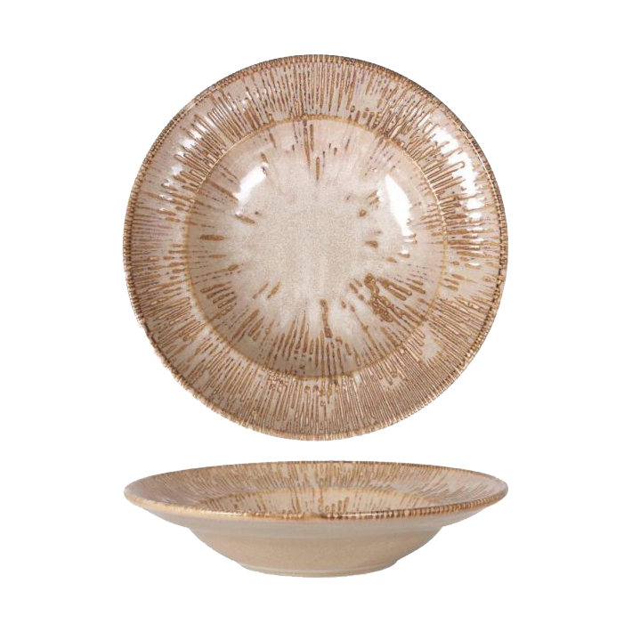 Alt Vajilla Barroco Crema de Bonna, fabricada en porcelana de alta calidad ideal para aportar elegancia y originalidad a las mesas de tus eventos y/o establecimiento de hostelería EME Mobiliario 