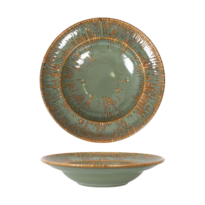 Alt Vajilla Barroco Verde de Bonna, fabricada en porcelana de alta calidad ideal para aportar elegancia y originalidad a las mesas de tus eventos y/o establecimiento de hostelería EME Mobiliario 