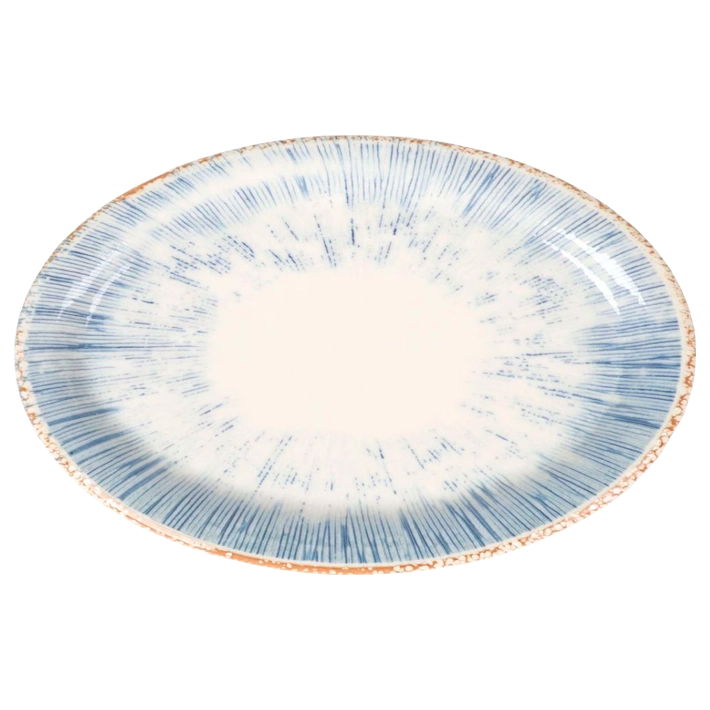 Alt Platos Oval fabricados en porcelana con toques azules, ideal para Eventos y Hostelería EME Mobiliario
