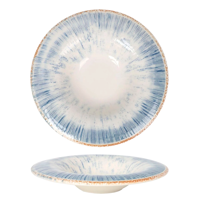 Alt Plato de Pasta fabricados en porcelana con toques azules, ideal para Eventos y Hostelería EME Mobiliario