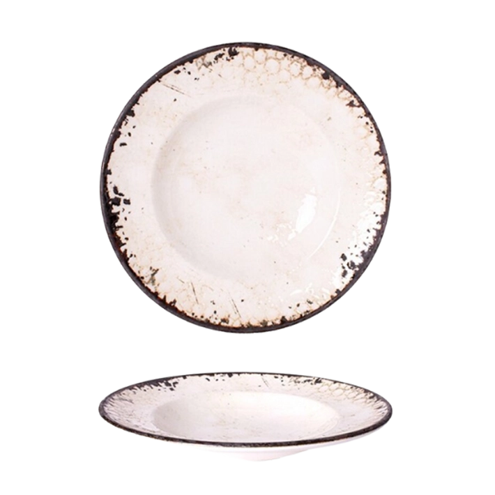 Alt Vajilla Vega fabricada con porcelana con un diseño original y un acabado vintage con fondo en color crema y borde en tono tierra perfecta para el uso intensivo profesional EME Mobiliario 