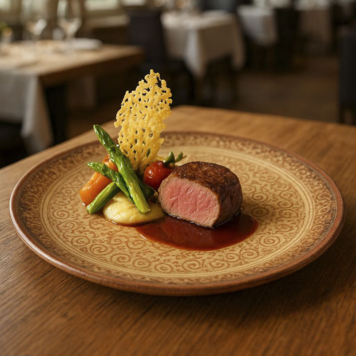 Alt Platos de Presentación Albus Castelló con tonos tierras para emplatar platos en Eventos y Hostelería EME Mobiliario