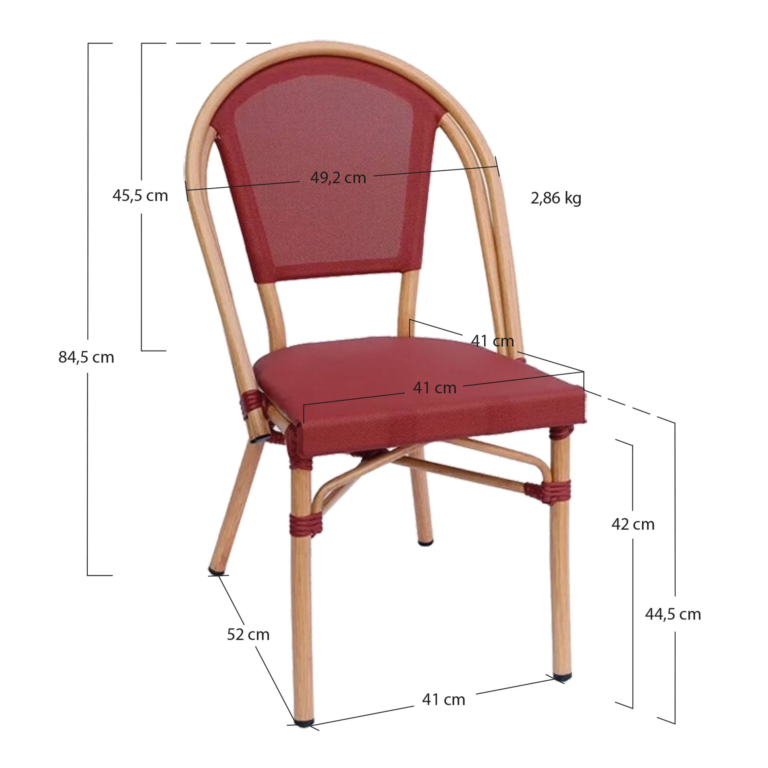 Alt Sillas Para Hostelería fabricadas en polipropileno imitación de aluminio con asiento de textilene con acabado en burdeos EME Mobiliario