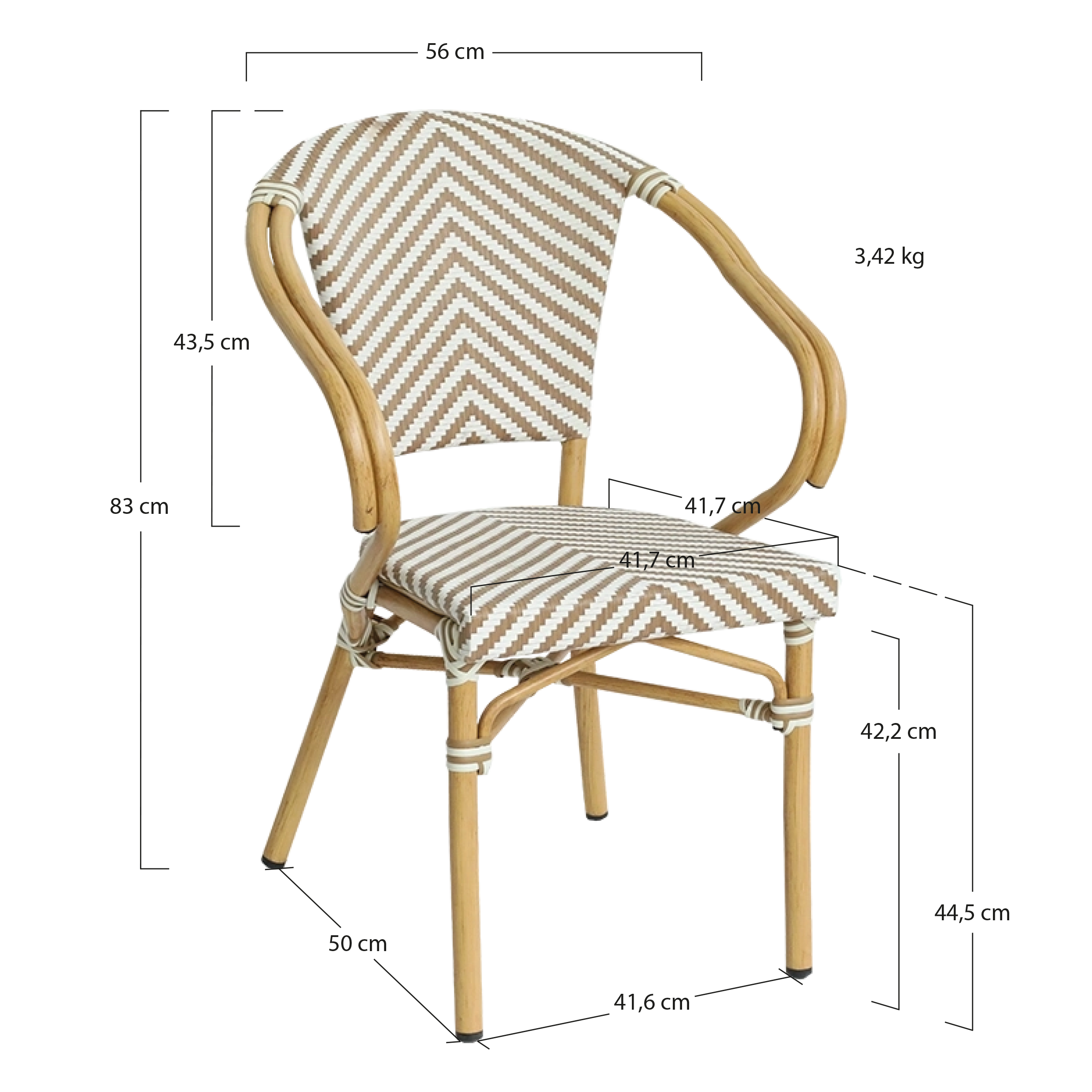 Alt Silla Paris Beige fabricada en aluminio y textilene trenzado en color beige y blanco es una silla bistró apilable ideal para el uso en establecimientos de hostelería EME Mobiliario