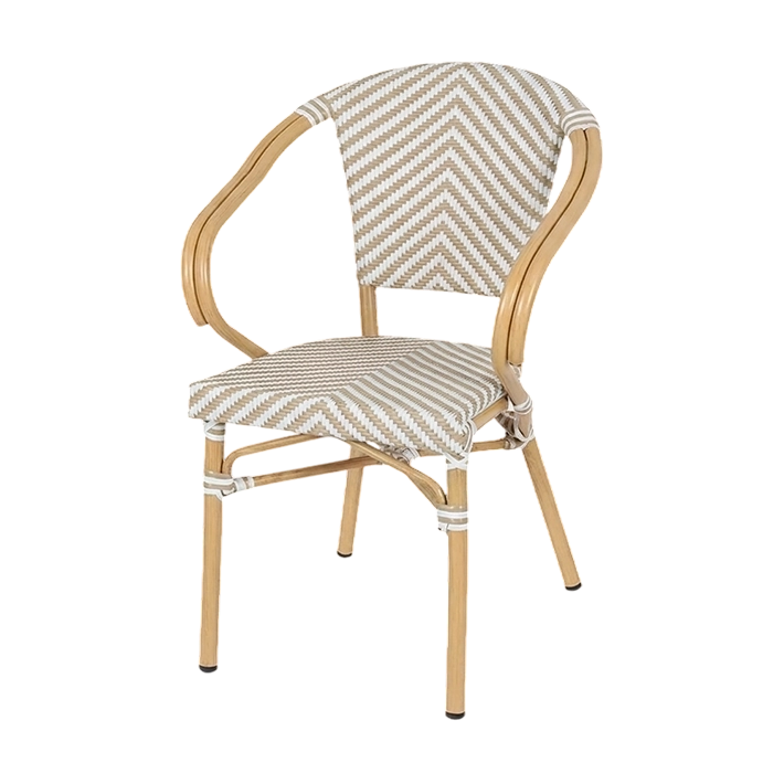 Sillón París Beige fabricado en aluminio imitación ratán con asiento y respaldo fabricado en textilene trenzado, perfecto para usar en cafeterías