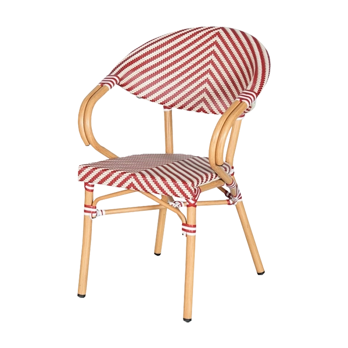 Sillón París Burdeos fabricado en aluminio imitación ratán con asiento y respaldo fabricado en textilene trenzado, perfecto para usar en cafeterías