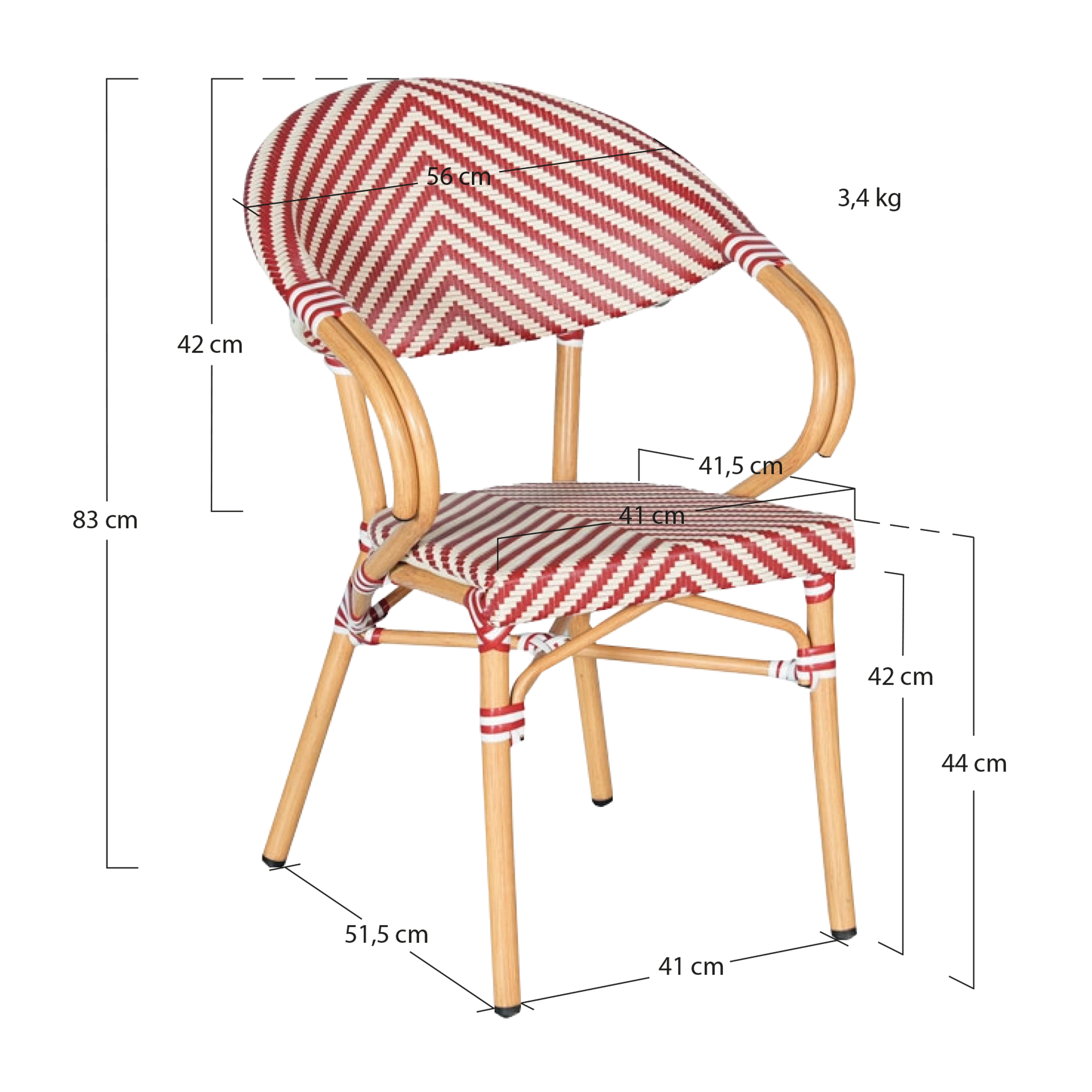 Alt Sillón París Rojo fabricado con textilene trenzado en color rojo y blanco y estructura de aluminio que imita a la madera para hostelería EME Mobiliario 