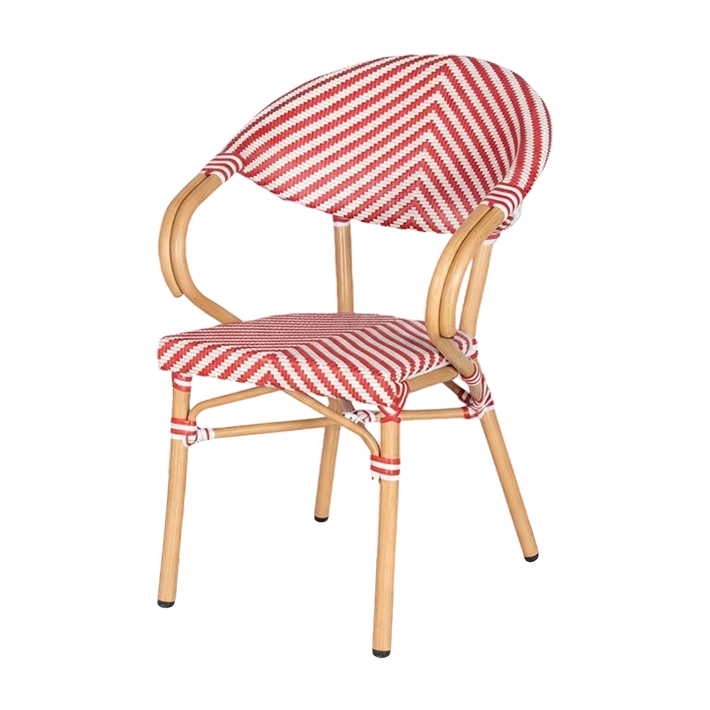 Sillón París Rojo fabricado en aluminio imitación ratán con asiento y respaldo fabricado en textilene trenzado, perfecto para usar en cafeterías