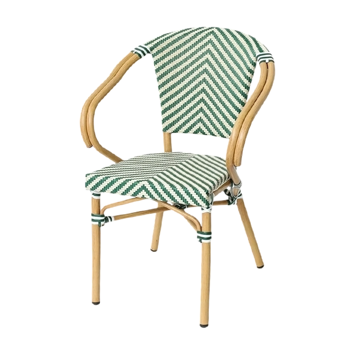 Sillón París Verde fabricado en aluminio imitación ratán con asiento y respaldo fabricado en textilene trenzado, perfecto para usar en cafeterías