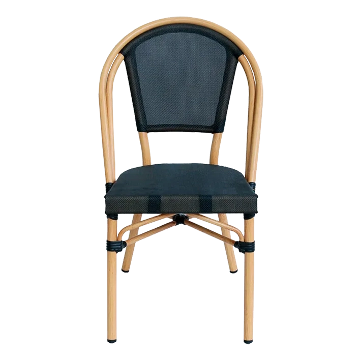 Alt Silla Nantes Negra fabricada en aluminio imitación ratán y textilene en color negro es la silla bistró apilable perfecta para el uso intensivo profesional EME Mobiliario 
