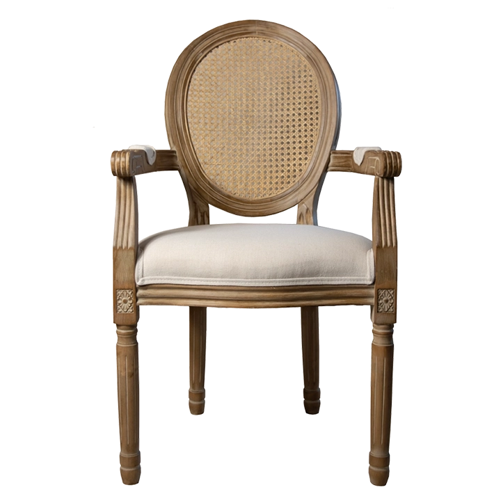 Alt Sillón Luis XVI Antique Ratán sillón apilable tipo medallón con respaldo de rejilla, asiento acolchado y estructura de madera de abedul ideal para eventos y para usar como silla de comedor EME Mobiliario 