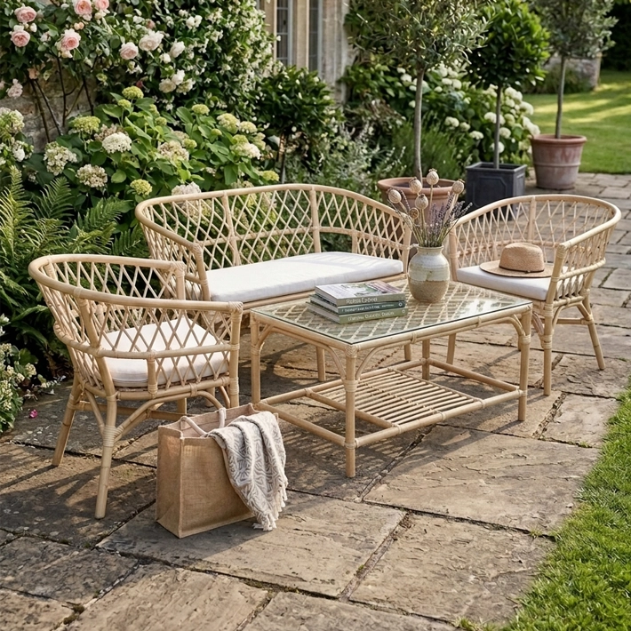 Set Bali Ratan compuesto por un sofá, dos sillones y una mesa, perfecto para disfrutar de agradables veladas en el exterior