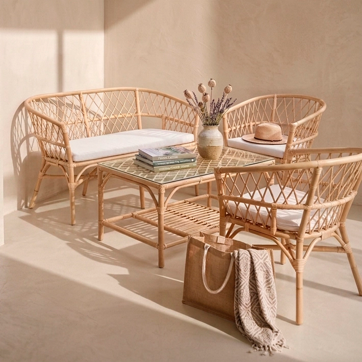 Conjunto compuesto por sofá, dos sillones individuales y una mesa, fabricado en ratán de diseño para exterior