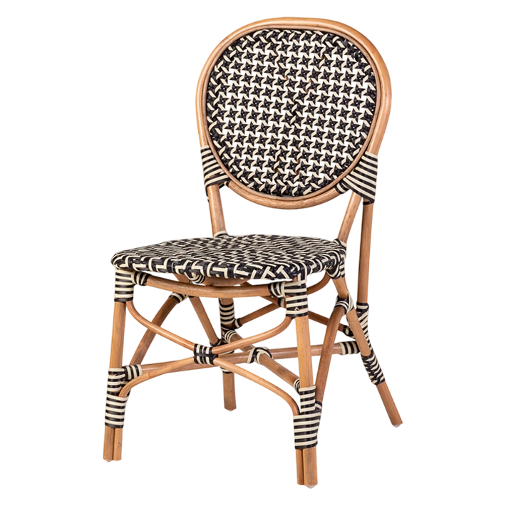 Silla Bistró fabricada en ratán natural con asiento y respaldo en ratán sintético, fabricación artesanal con estructura apilable