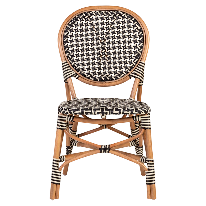 Silla Bistró fabricada en ratán natural con asiento y respaldo en ratán sintético, fabricación artesanal con estructura apilable