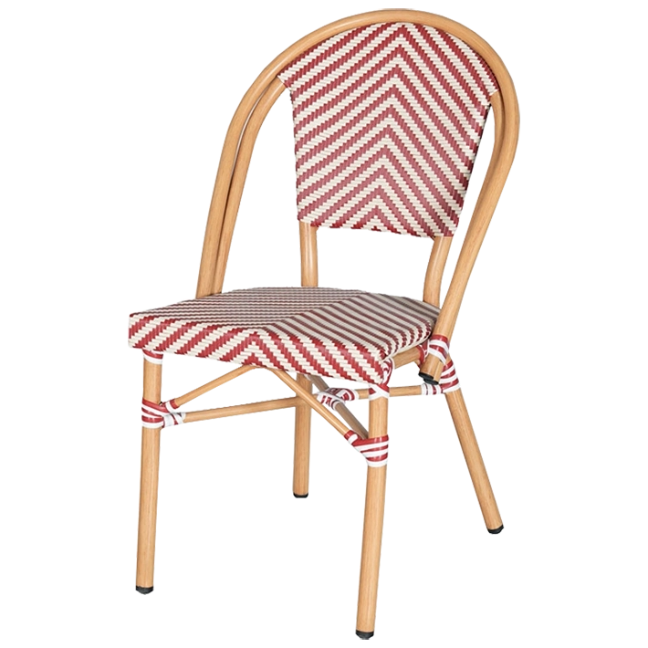 Alt Silla París Roja fabricada con textilene trenzado en color rojo y blanco y estructura de aluminio que imita a la madera para hostelería EME Mobiliario 
