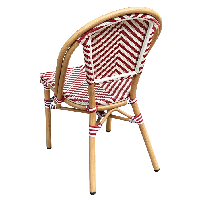 Alt Silla París Roja fabricada con textilene trenzado en color rojo y blanco y estructura de aluminio que imita a la madera para hostelería EME Mobiliario 