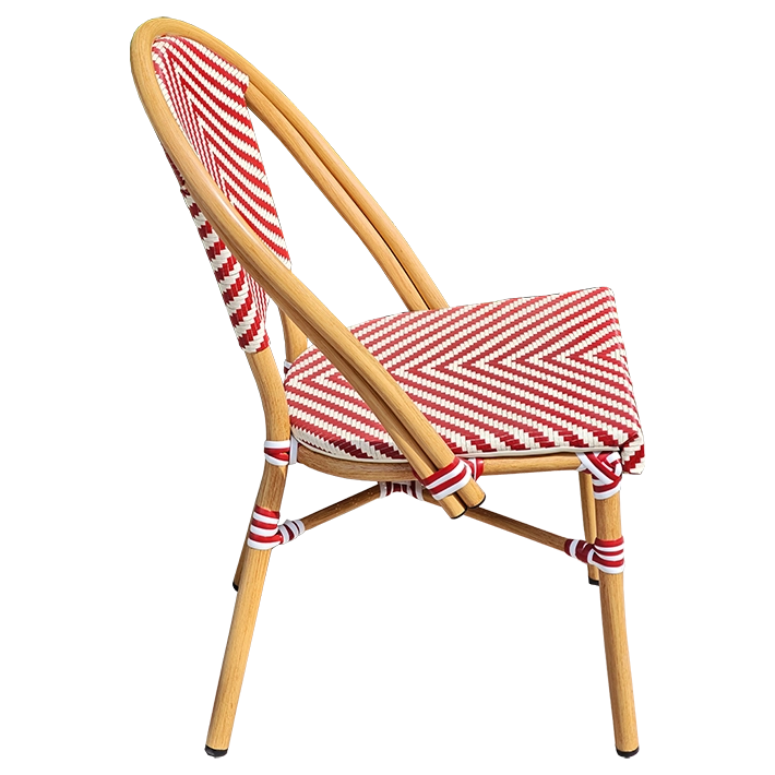 Alt Silla París Roja fabricada con textilene trenzado en color rojo y blanco y estructura de aluminio que imita a la madera para hostelería EME Mobiliario 