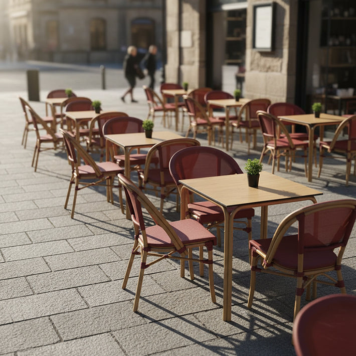 Alt Sillas Nantes Burdeos ideales para exteriores y usos exteriores en el sector de la hostelería EME Mobiliario