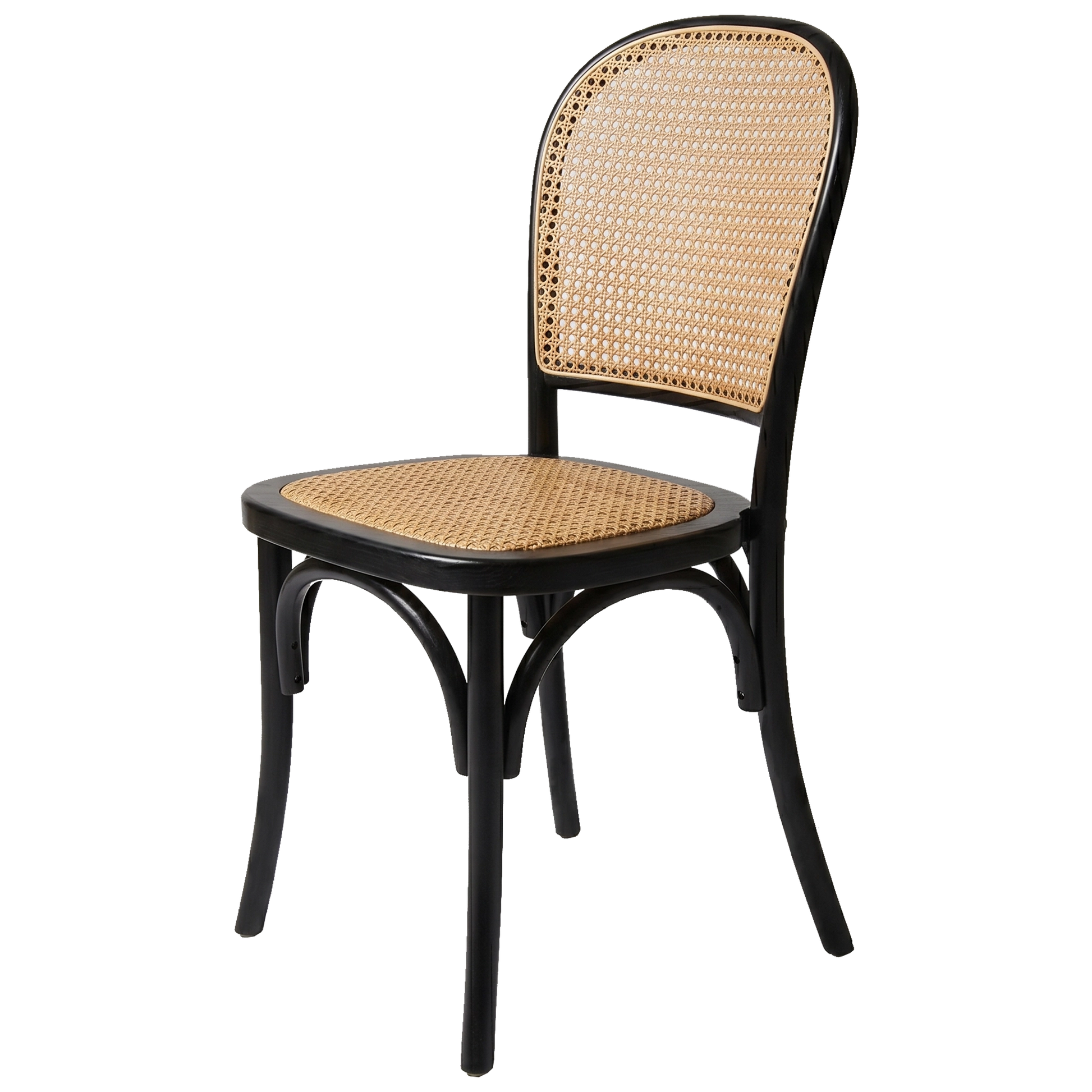 Silla de madera de Olmo de color Negro, con asiento de ratán. Silla Apilable 