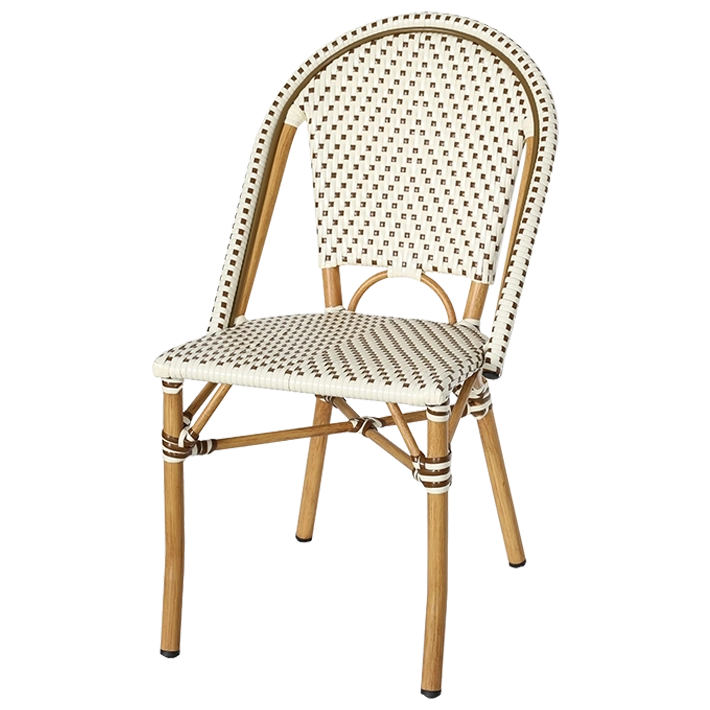 Alt Silla Lyon Ratan silla apilable de estilo bistró fabricada en aluminio imitación ratán y tela textilene ideal para usar en hostelería EME Mobiliario 
