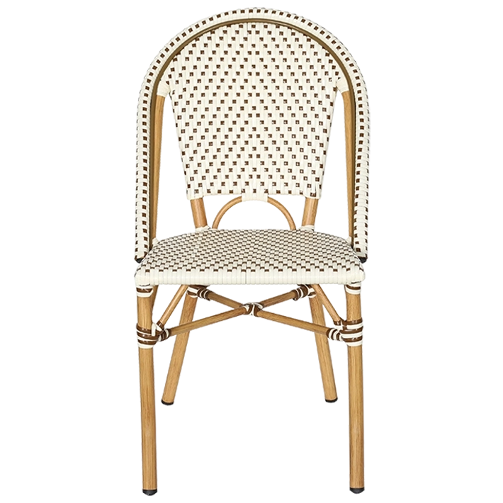 Alt Silla Lyon Ratan silla apilable de estilo bistró fabricada en aluminio imitación ratán y tela textilene ideal para usar en hostelería EME Mobiliario 