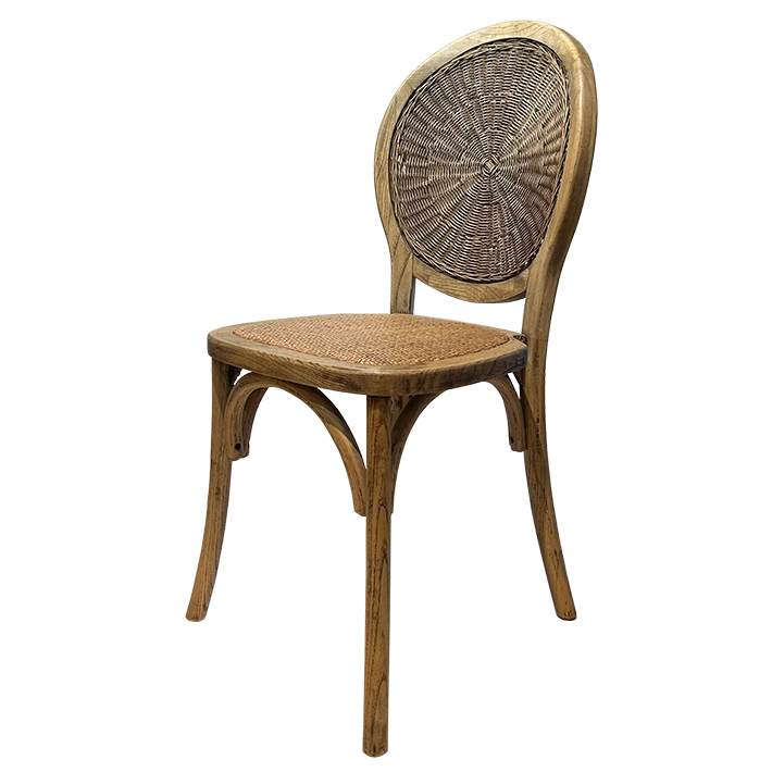 Alt Silla Medallón Mimbre fabricada en madera de olmo con asiento y respaldo de mimbre ideal para eventos y hostelería EME Mobiliario