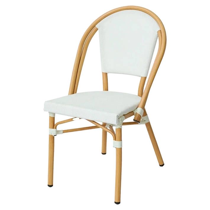 Alt Silla Nantes Blanca totalmente apilable y de estilo bistró fabricada con aluminio imitación ratán y tela textilene ideal para el uso intensivo profesional EME Mobiliario 