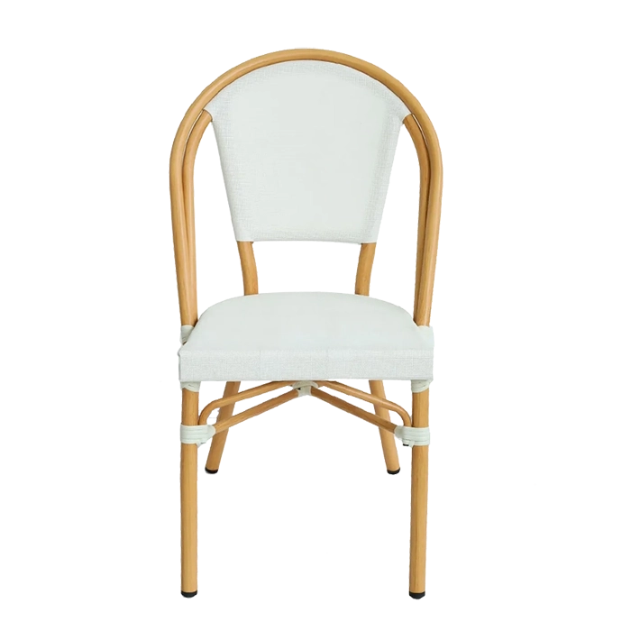 Alt Silla Nantes Blanca totalmente apilable y de estilo bistró fabricada con aluminio imitación ratán y tela textilene ideal para el uso intensivo profesional EME Mobiliario 