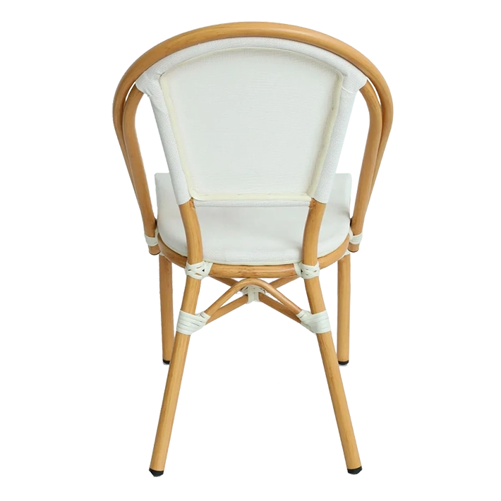 Alt Silla Nantes Blanca totalmente apilable y de estilo bistró fabricada con aluminio imitación ratán y tela textilene ideal para el uso intensivo profesional EME Mobiliario 