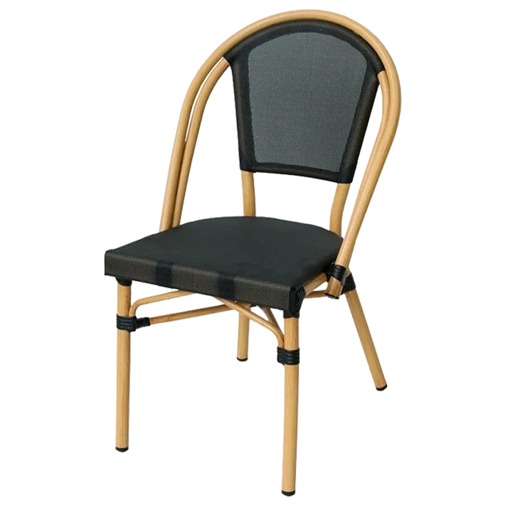 Alt Silla Nantes Negra fabricada en aluminio imitación ratán y textilene en color negro es la silla bistró apilable perfecta para el uso intensivo profesional EME Mobiliario 
