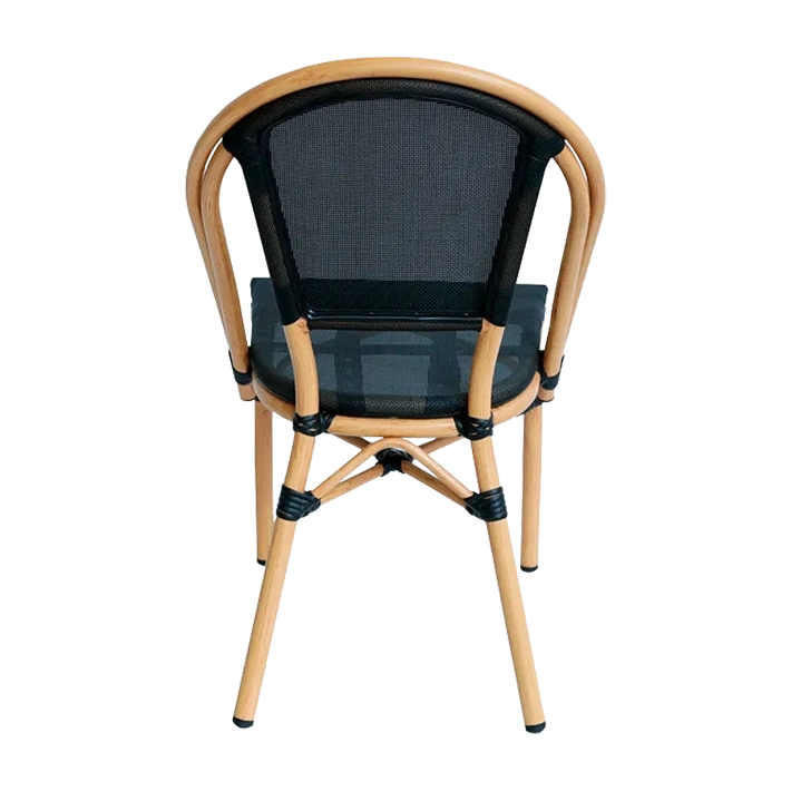 Alt Silla Nantes Negra fabricada en aluminio imitación ratán y textilene en color negro es la silla bistró apilable perfecta para el uso intensivo profesional EME Mobiliario 
