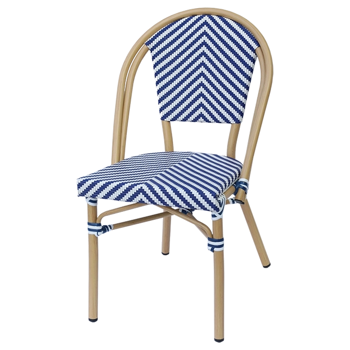 Alt Silla París Azul fabricada en aluminio imitación ratán y textilene trenzado azul y blanco ideal para uso intensivo profesional EME Mobiliario 