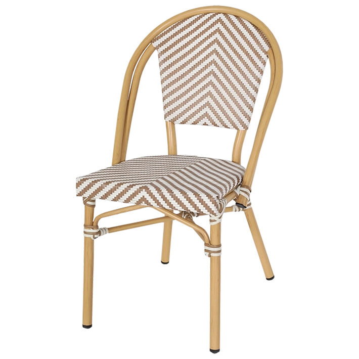 Alt Silla Paris Beige fabricada en aluminio y textilene trenzado en color beige y blanco es una silla bistró apilable ideal para el uso en establecimientos de hostelería EME Mobiliario