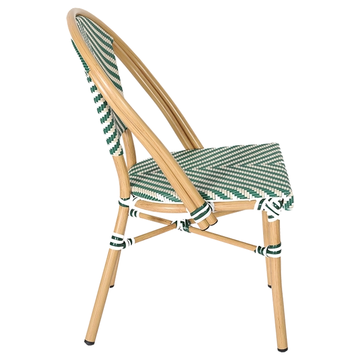 Alt Silla Paris Verde fabricada en aluminio y textilene trenzado verde y blanco ideal para establecimientos de hostelería EME Mobiliario 