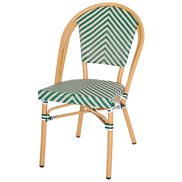 Alt Silla Paris Verde fabricada en aluminio y textilene trenzado verde y blanco ideal para establecimientos de hostelería EME Mobiliario 