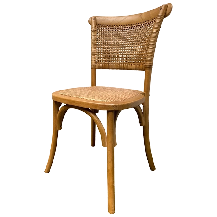 Alt Silla Rope Oscura fabricada con madera de olmo con acabado nogal, asiento de rejilla y respaldo fabricado en paper rope apilable ideal para eventos y hostelería EME Mobiliario 