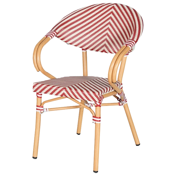 Alt Sillón Paris en color rojo con estructura de aluminio imitación ratán y asiento y respaldo en textilene rojo y blanco para hostelería EME Mobiliario 