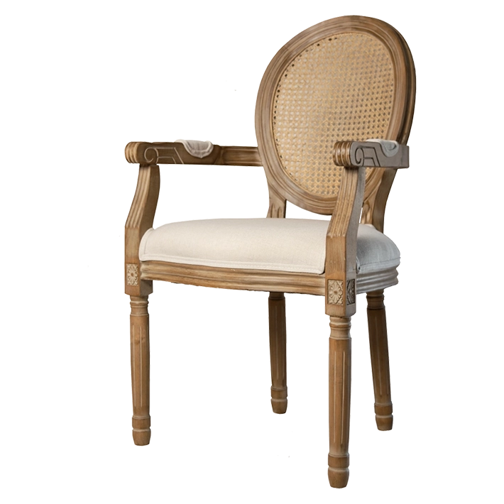 Alt Sillón Luis XVI Antique Ratán sillón apilable tipo medallón con respaldo de rejilla, asiento acolchado y estructura de madera de abedul ideal para eventos y para usar como silla de comedor EME Mobiliario 
