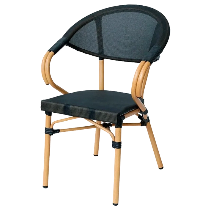 Alt Sillón Nantes Negro fabricado con materiales resistentes, como son el aluminio y el textilene, ideales para el uso intensivo profesional. Sillón bistró de estilo parisino apilable EME Mobiliario 